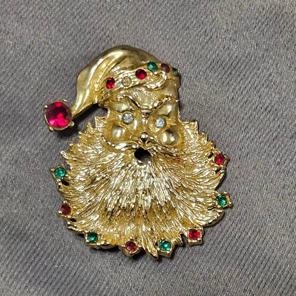 Vintage Gold Tone Santa‎ Claus Rhinestone Brooch Christmas Holiday Pin